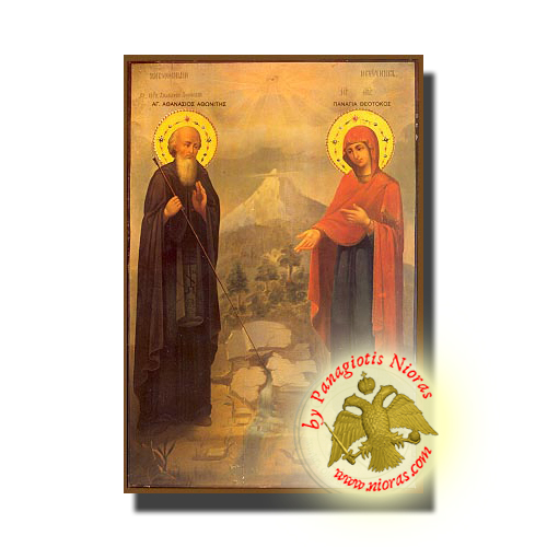 Saint Athanasius of Mount Athos and the Miracle of the Virgin NeoClassical Orthodox Wooden Icon Full Body